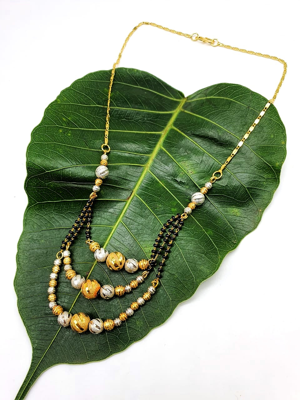 Digital Dress Room Short Mangalsutra Designs Gold Plated Latest 3 Layer Big Golden Mani Black Beads Chain Mangalsutra