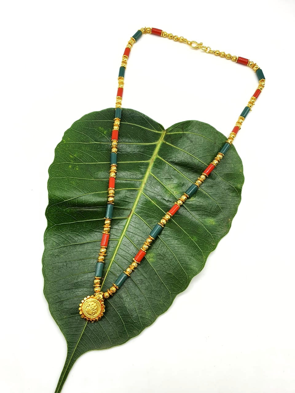 Digital Dress Room Short Mangalsutra Designs Gold Plated Latest Lakshmi (Laxmi) Coin Pendant Multicolor Green Orange Beads Single Line Mangalsutra