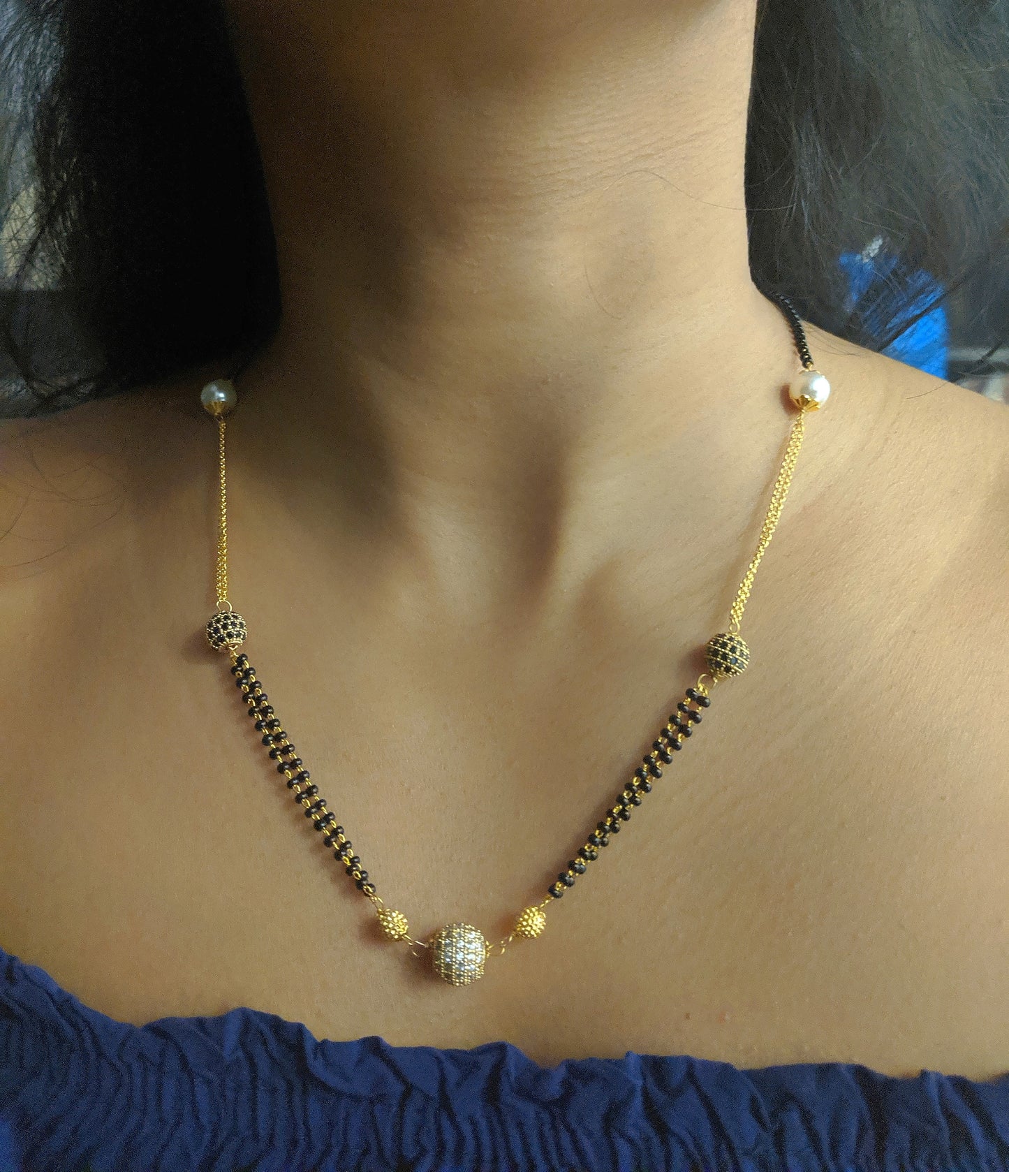 Digital Dress Room Short Mangalsutra Designs Gold Plated Latest White Pearl & American Diamond Round Pendant Mangalsutra