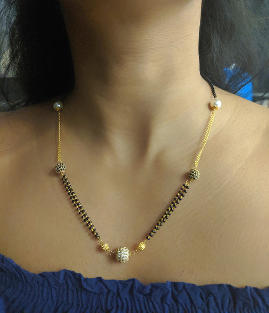 Digital Dress Room Short Mangalsutra Designs Gold Plated Latest White Pearl & American Diamond Round Pendant Mangalsutra