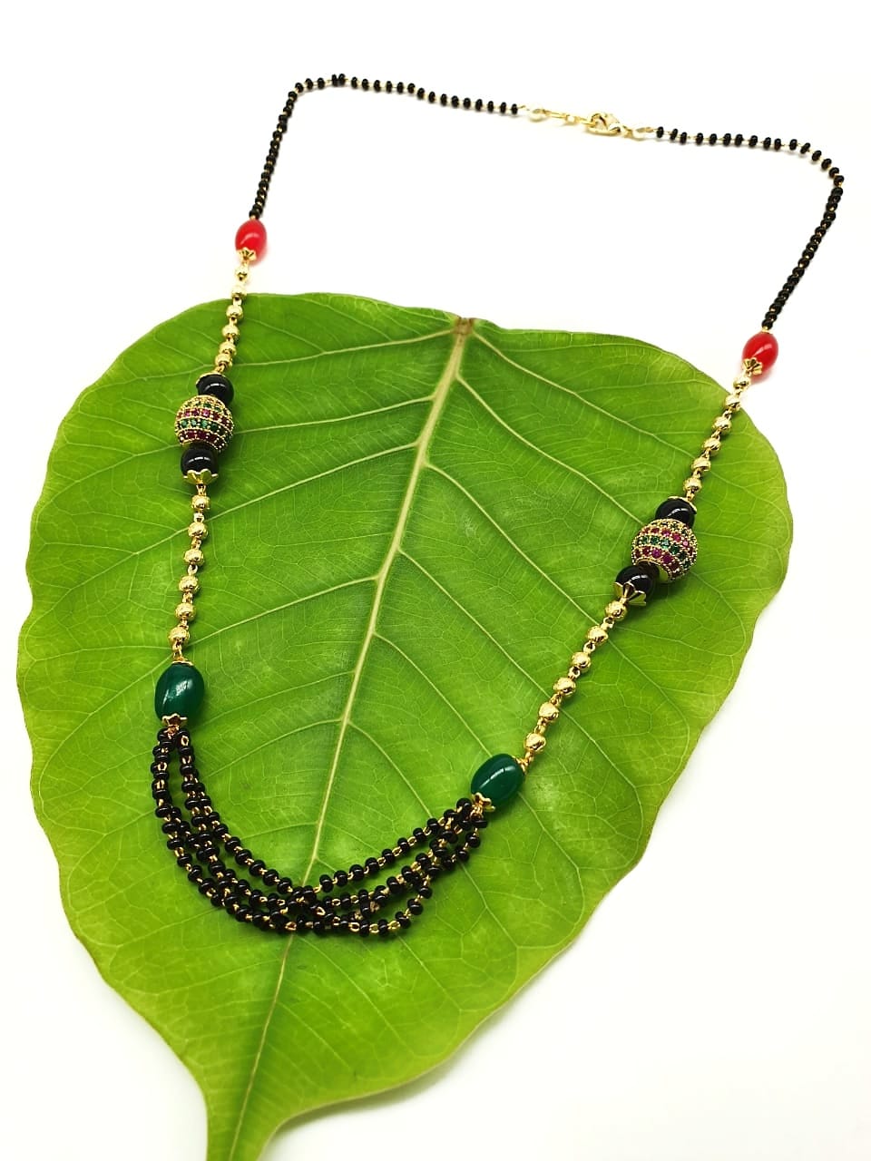 Short Mangalsutra Designs Gold Plated Latest Red Green Stone Black Beads Multilayer Mangalsutra