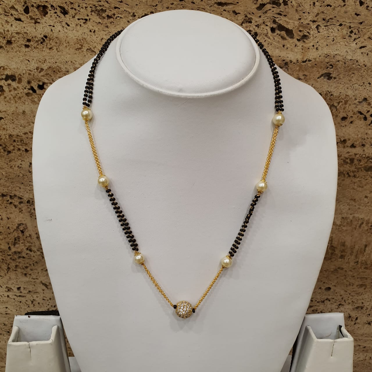 Short Mangalsutra Designs Gold Plated Latest American Diamond White Ball Stone Studded with Pearl Mangalsutra