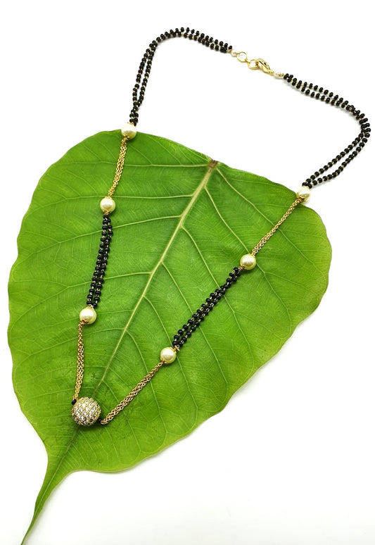 Short Mangalsutra Designs Gold Plated Latest American Diamond White Ball Stone Studded with Pearl Mangalsutra