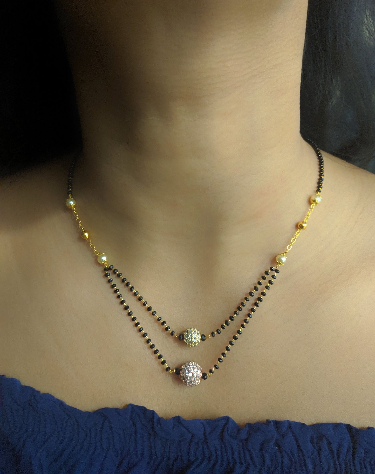 Digital Dress Room Short Mangalsutra Designs Gold Plated Latest 2 Round Stone Mani Studded Multi Strand Mangalsutra