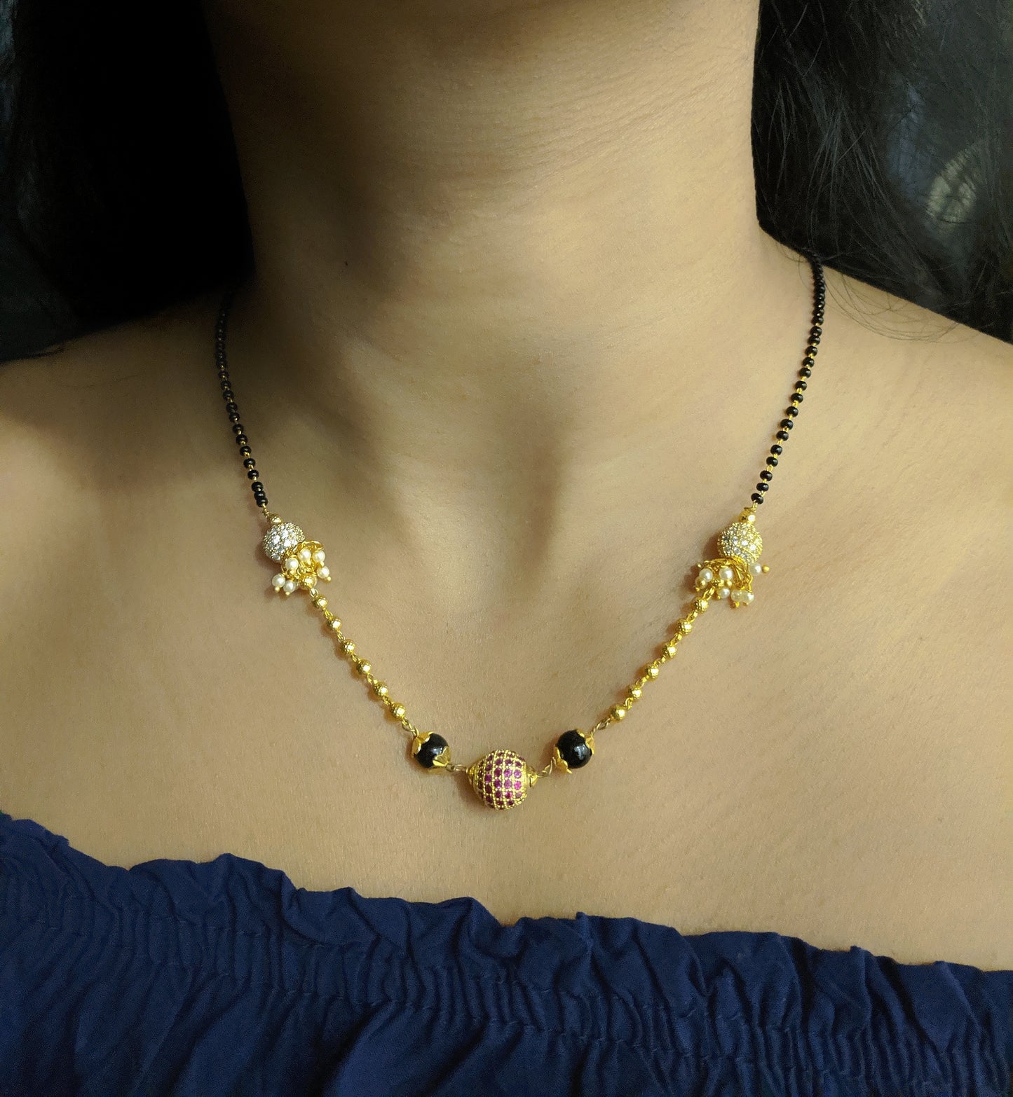 Digital Dress Room Short Mangalsutra Designs Gold Plated Latest Women's Pride Diamond Round Balls Mangalsutra