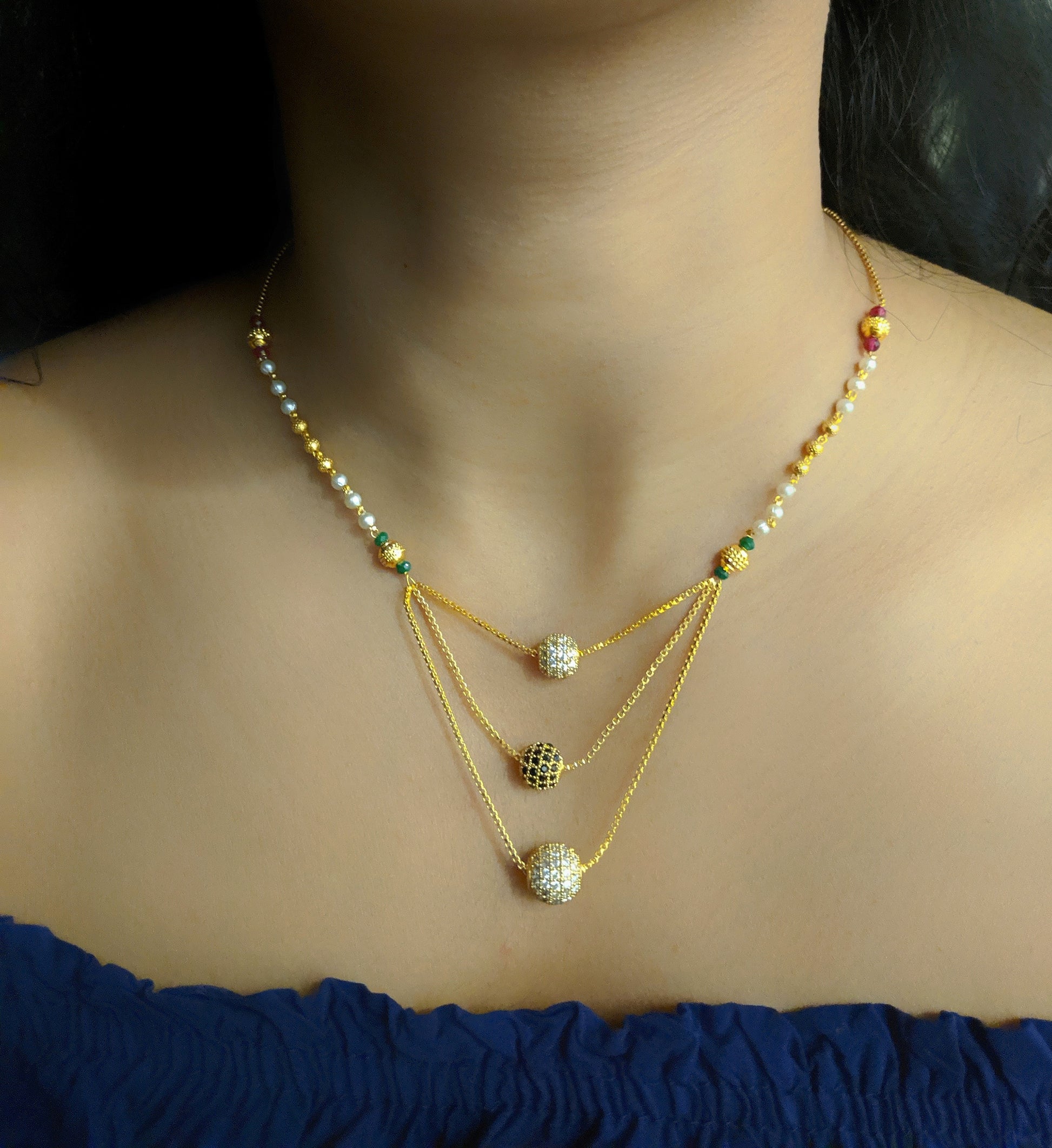 Digital Dress Room Short Mangalsutra Designs Gold Plated Latest Diamond Round Balls 3 Layer Mangalsutra