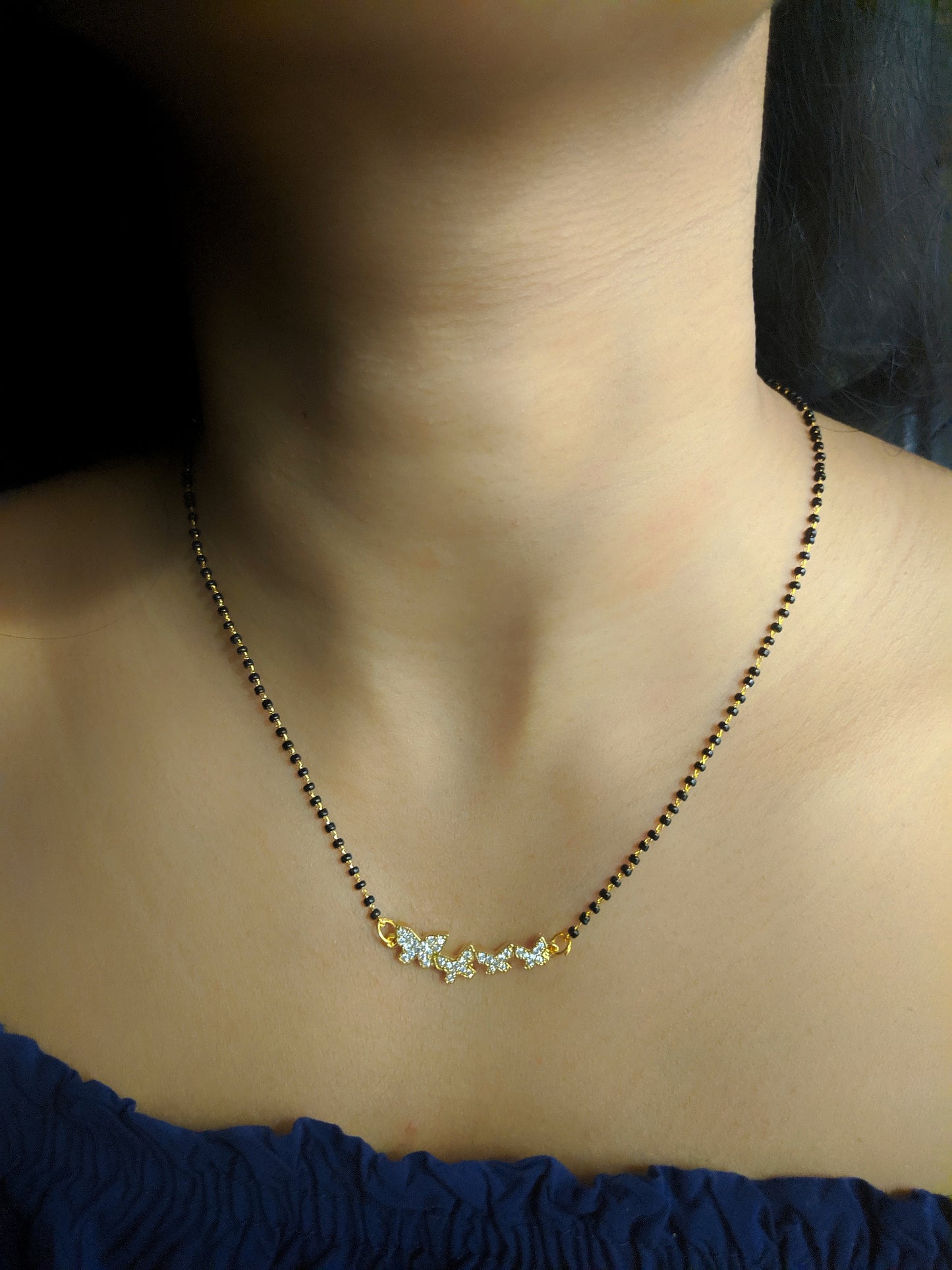 Digital Dress Room Short Mangalsutra Designs Gold Plated Latest Butterfly Stone Pendant Mangalsutra