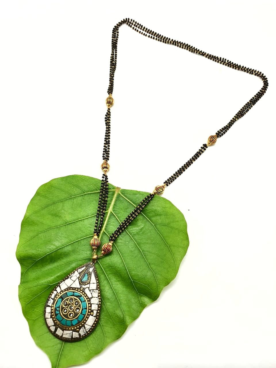 Digital Dress Room Long Mangalsutra Designs Gold Plated Latest Tibetan Blue Drop Shape Brass Pendant 24-Inches Length Mangalsutra
