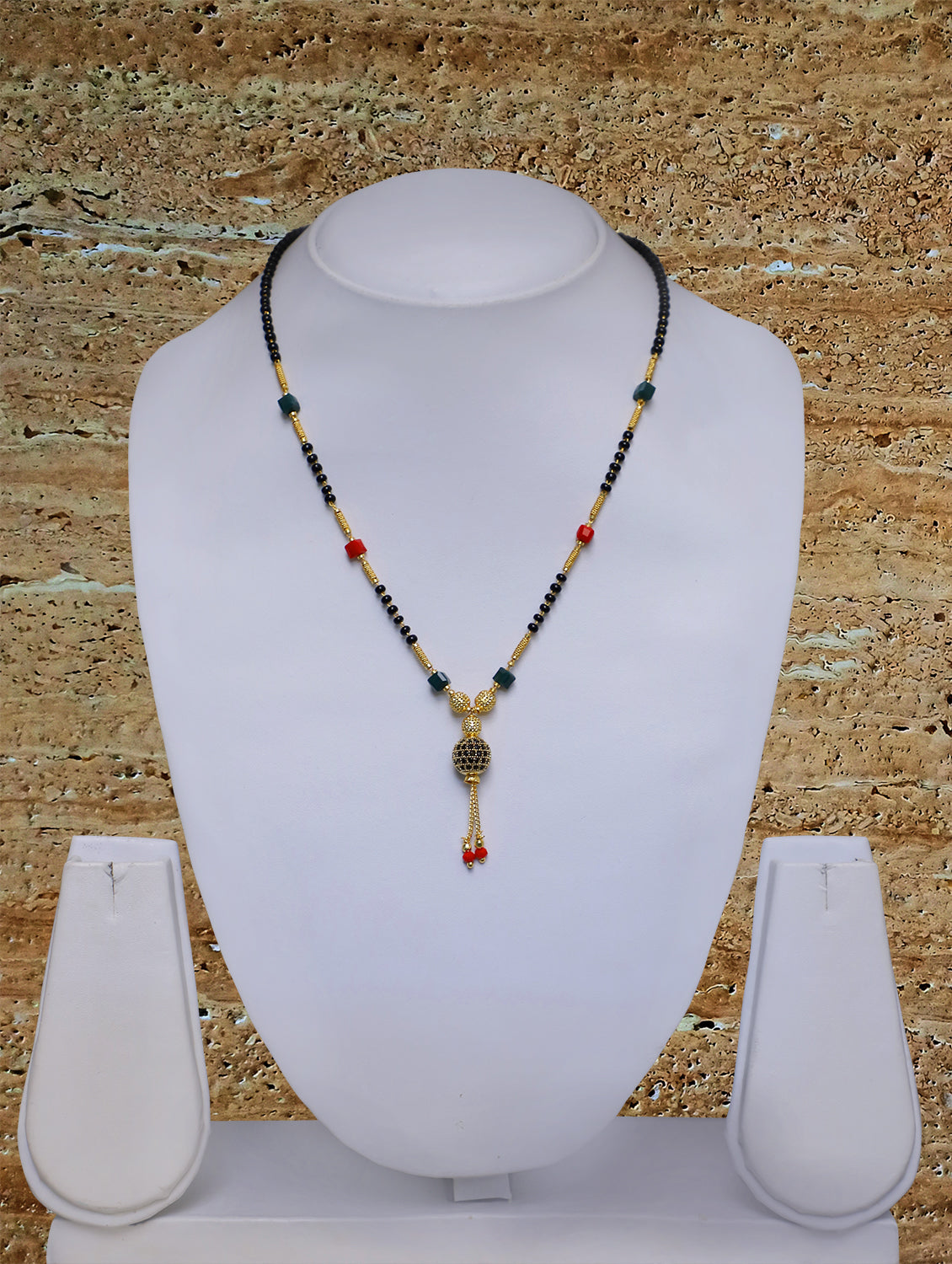 Digital Dress Room Short Mangalsutra Designs Gold Plated Latest Multicolor Round Mani Latkan 17 Inches Mangalsutra