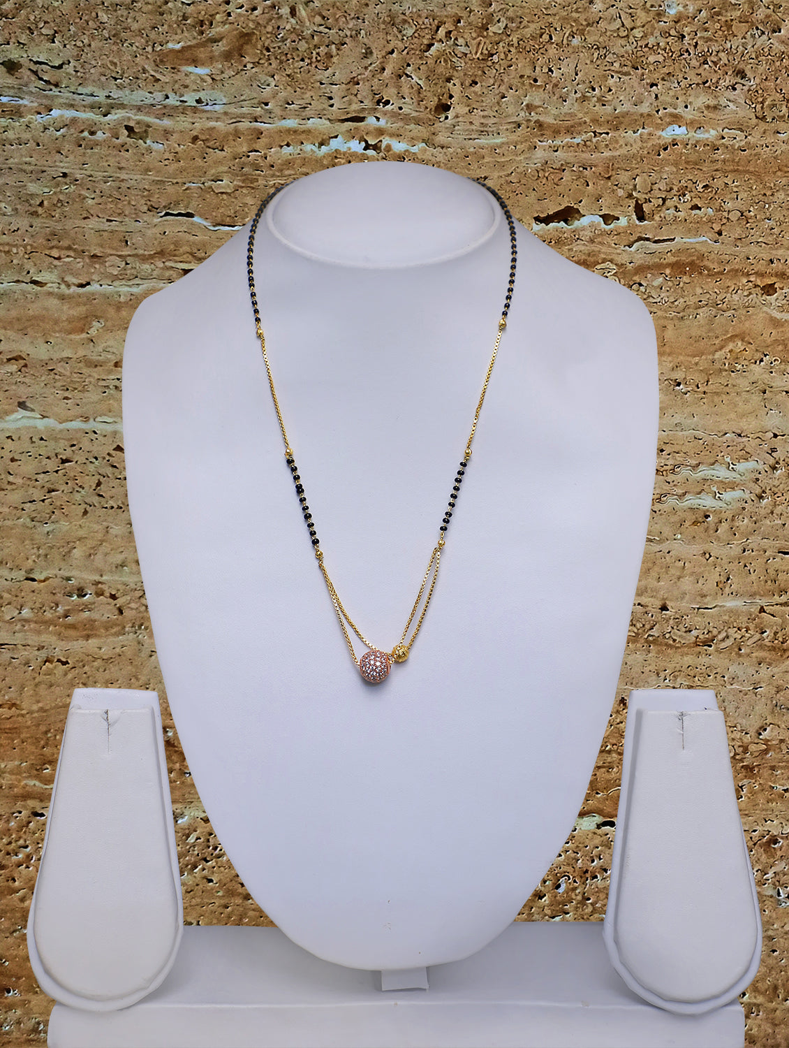 Short Mangalsutra Designs Gold Plated Rose Gold American Diamond Pendant Layered Mangalsutra (21 Inches)