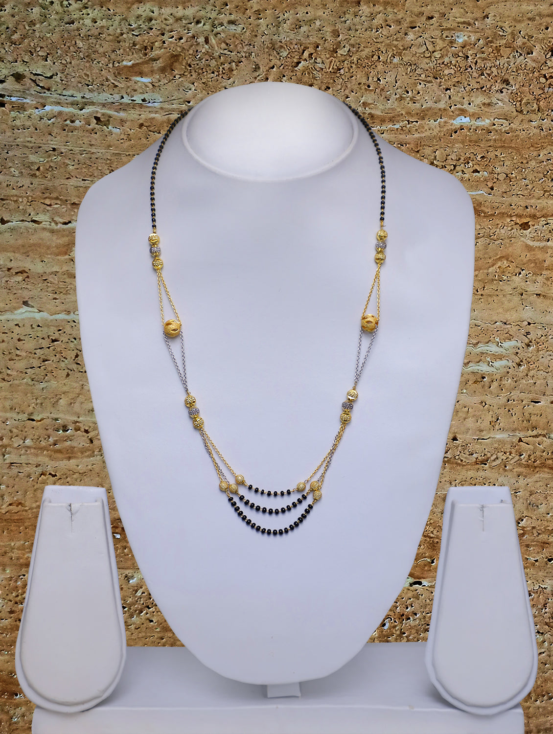 Digital Dress Room Short Mangalsutra Designs Gold Plated Latest 3 Layer Black Beads 20 Inches Mangalsutra