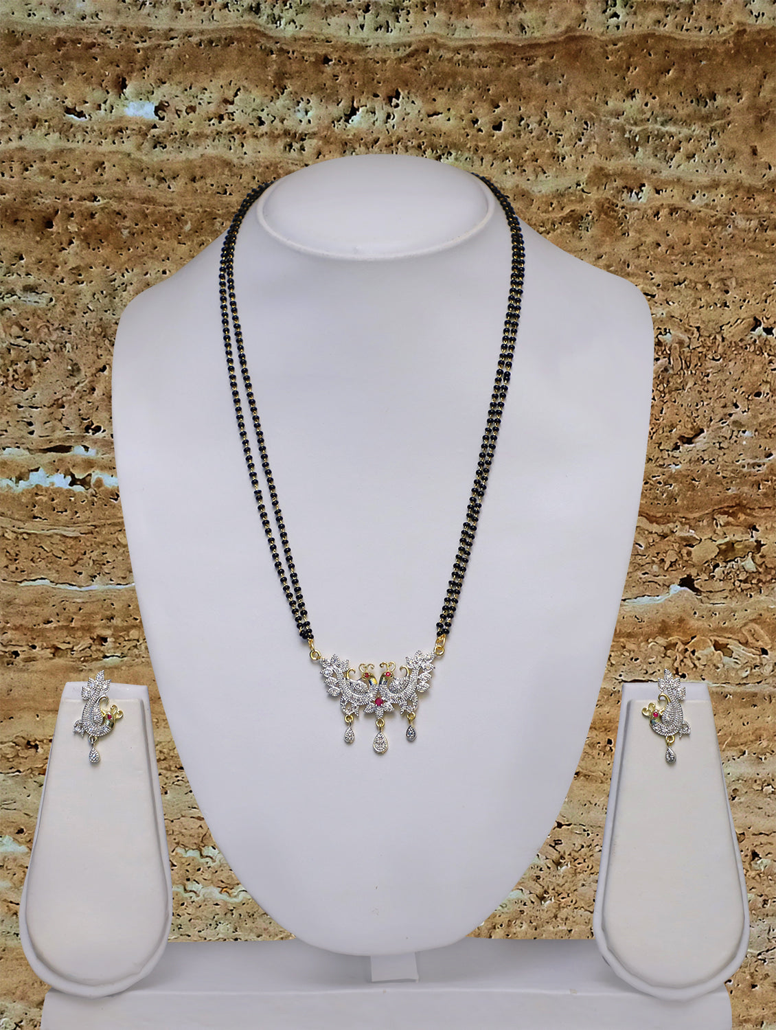 Digital Dress Room Short Mangalsutra Designs Gold Plated Latest American Diamond Peacock Pendant 19 Inches Mangalsutra & Earrings