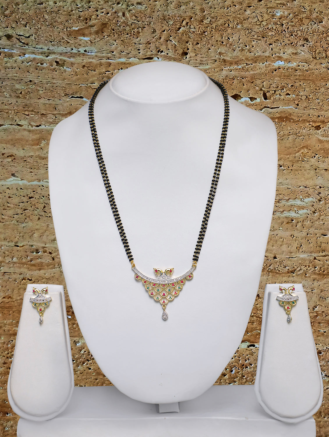 Digital Dress Room Short Mangalsutra Designs Gold Plated Latest Multi-color American Diamond Peacock Pendant 19 Inches Mangalsutra & Earrings
