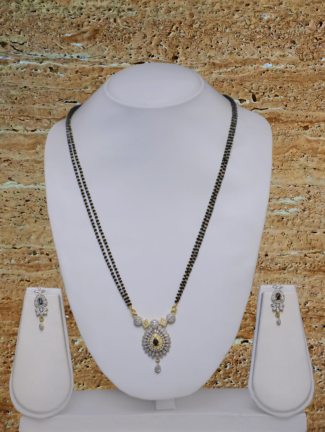 Digital Dress Room Long Mangalsutra Designs Gold Plated Latest American Diamond Floral Pendant 24 Inches Mangalsutra & Earrings