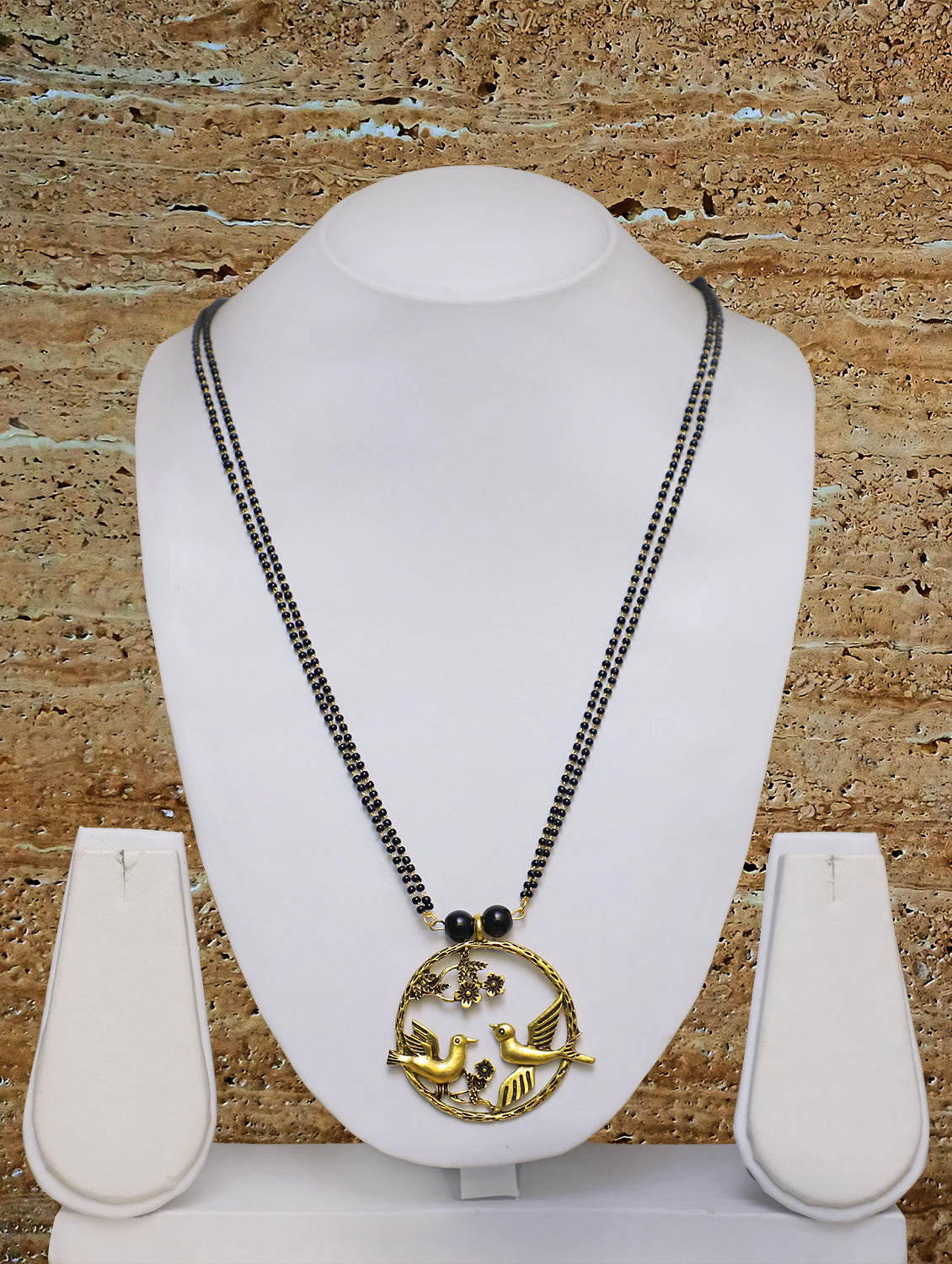 Digital Dress Room Long Mangalsutra Designs Gold Plated Latest Black Bead Chain Animal Bird house Pendant 30 Inches Mangalsutra