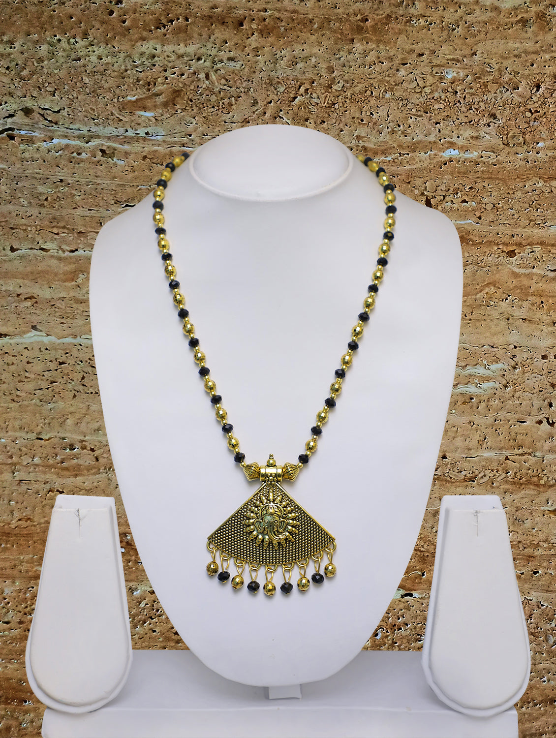 Digital Dress Room Long Mangalsutra Designs Gold Plated Latest Big Crystal Black Beads Chain Lord Ganesha Triangle Pendant Oxidized 30 Inches Mangalsutra