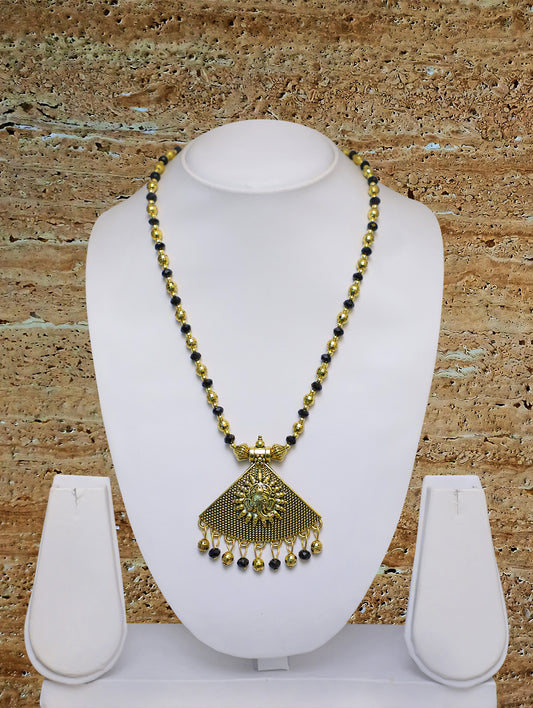 Digital Dress Room Long Mangalsutra Designs Gold Plated Latest Big Crystal Black Beads Chain Lord Ganesha Triangle Pendant Oxidized 30 Inches Mangalsutra