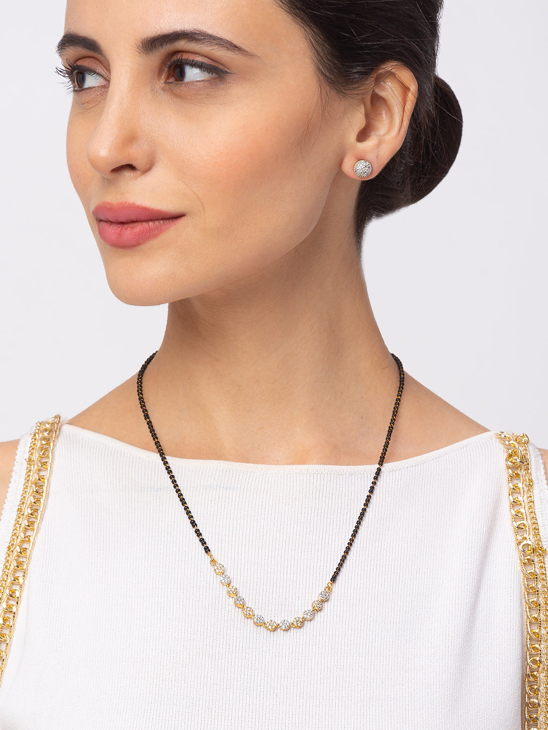 Digital Dress Room Digital Dress Room Diamond Gold Plated Short Mangalsutra मंगलसूत्र Latest Design/Cz Solitaire/Black Beads Chain New Mangalsutra Designs For Women (20 Inches)