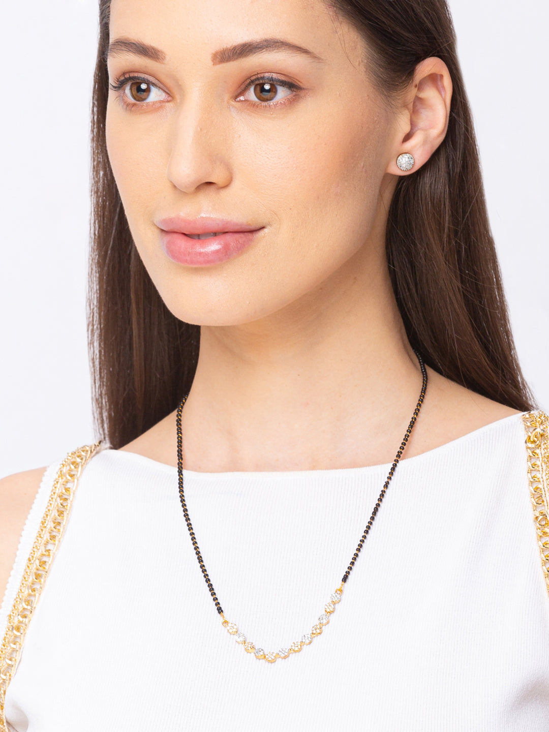Digital Dress Room Digital Dress Room Diamond Gold Plated Short Mangalsutra मंगलसूत्र Latest Design/Cz Solitaire/Black Beads Chain New Mangalsutra Designs For Women (20 Inches)
