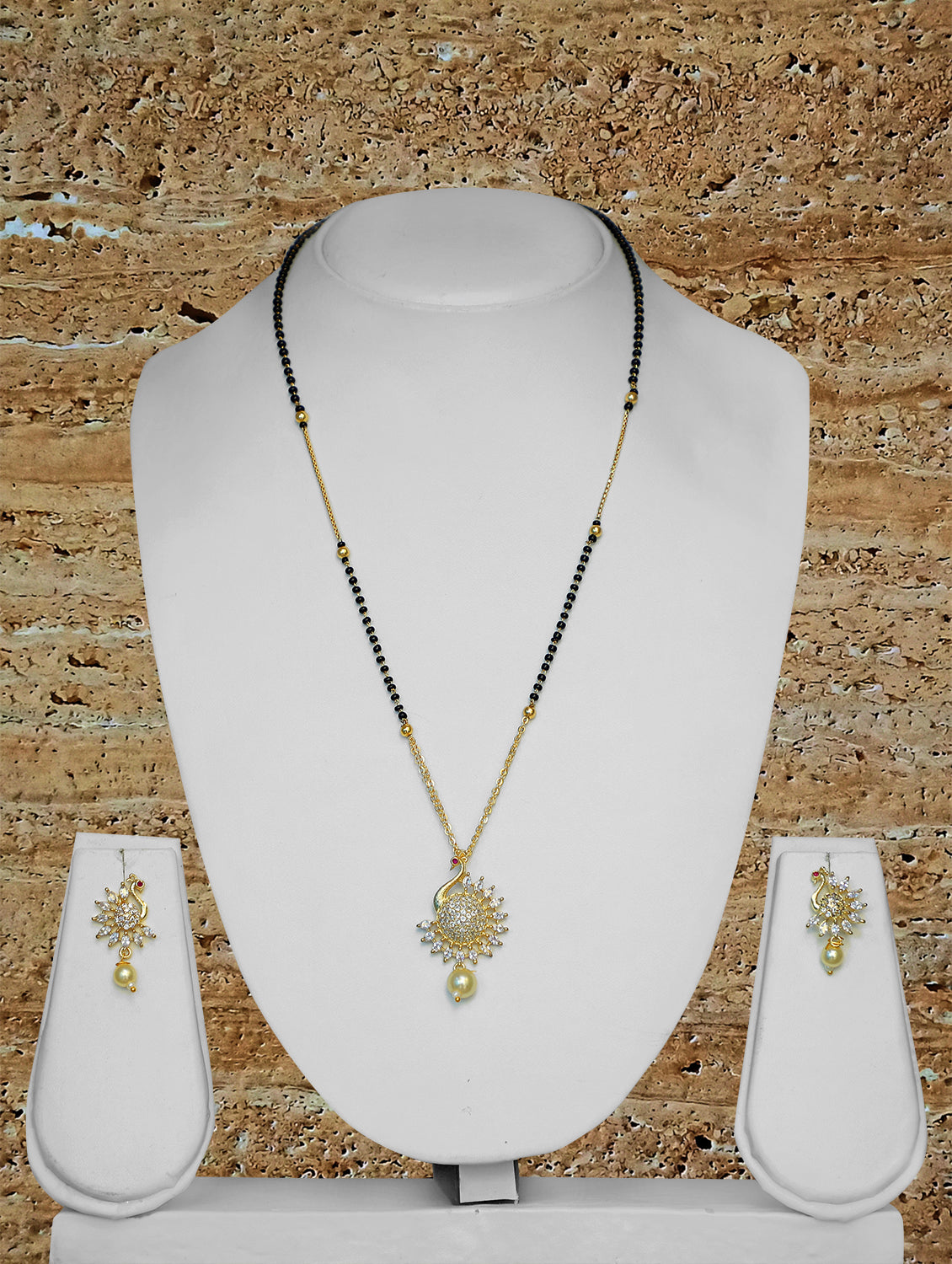 Fancy Short Mangalsutra Peacock Designs Gold Plated Chain American Diamond Stud Pendant Pearl Latkan With Earring