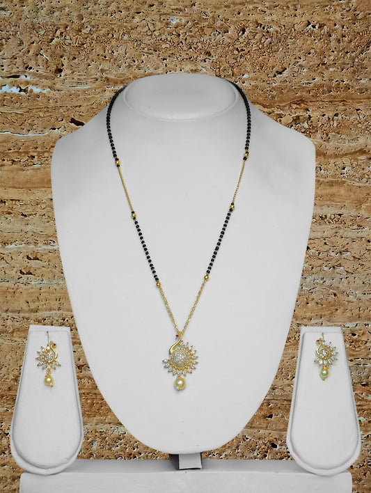 Fancy Short Mangalsutra Peacock Designs Gold Plated Chain American Diamond Stud Pendant Pearl Latkan With Earring