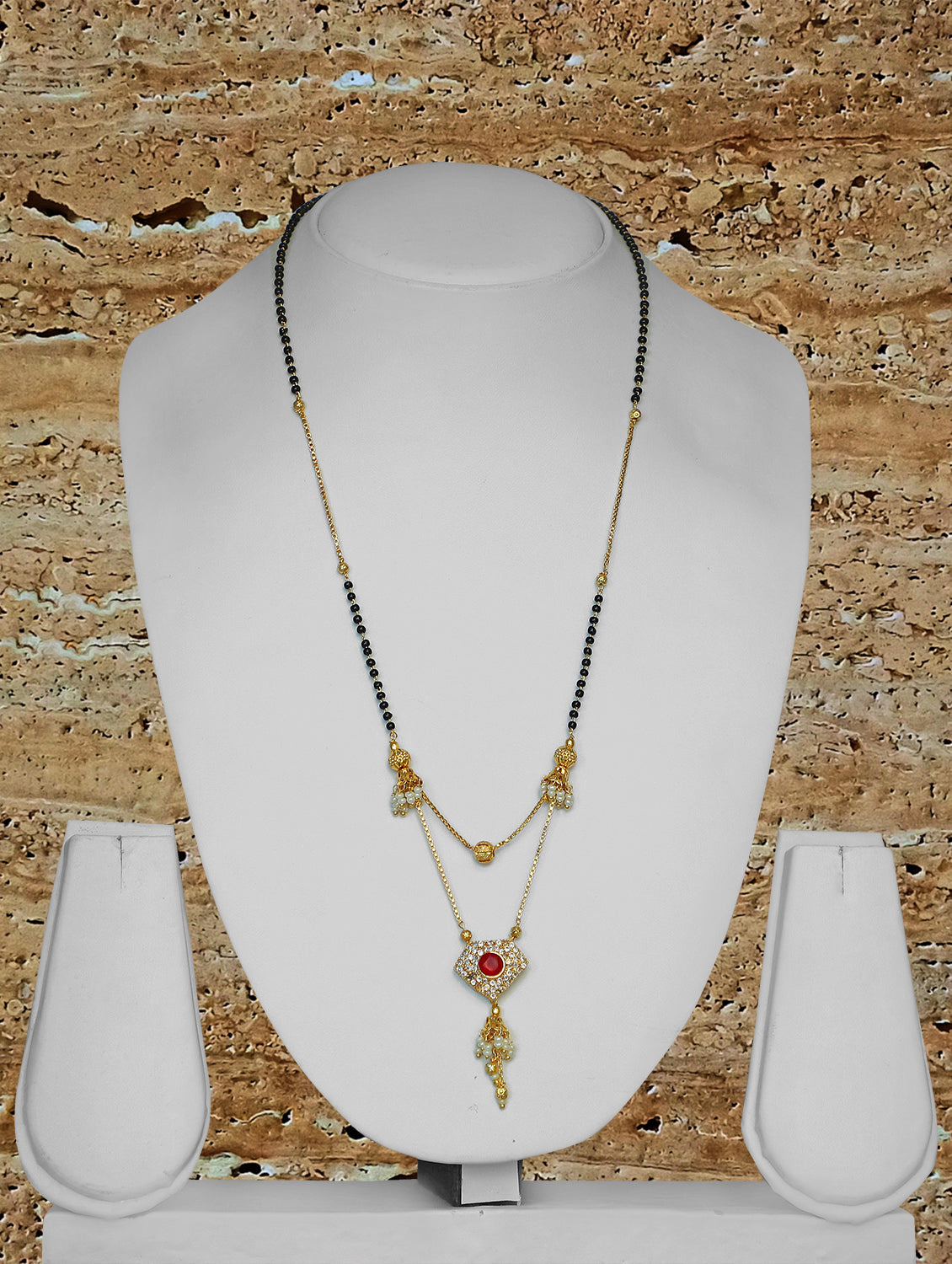 Diamond Pattern Short Mangalsutra Designs Red Stone Studded Gold Plated with Moti Latkan (24 Inches)