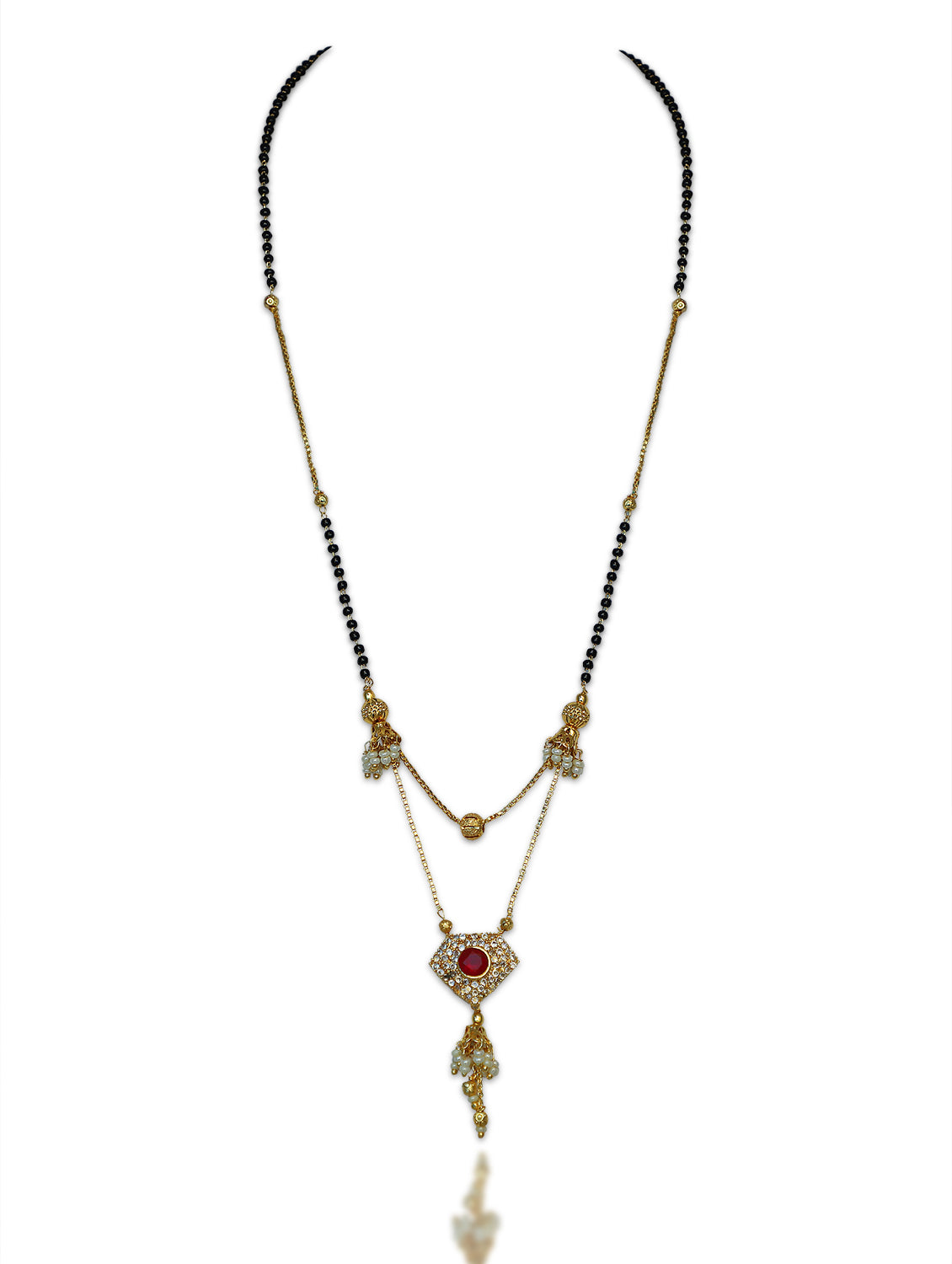Diamond Pattern Short Mangalsutra Designs Red Stone Studded Gold Plated with Moti Latkan (24 Inches)
