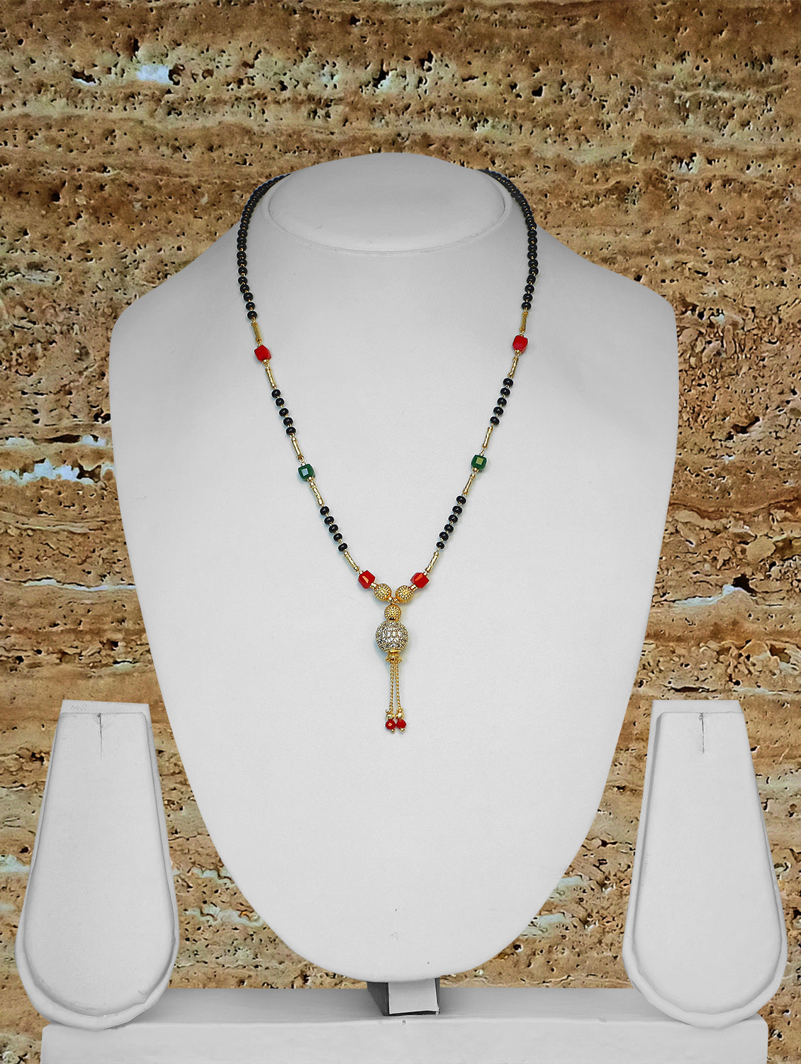 Short Mangalsutra Designs Ball Shape American Diamond Pendant Gold Plated Red Green Beads with Latkan (20 Inches)