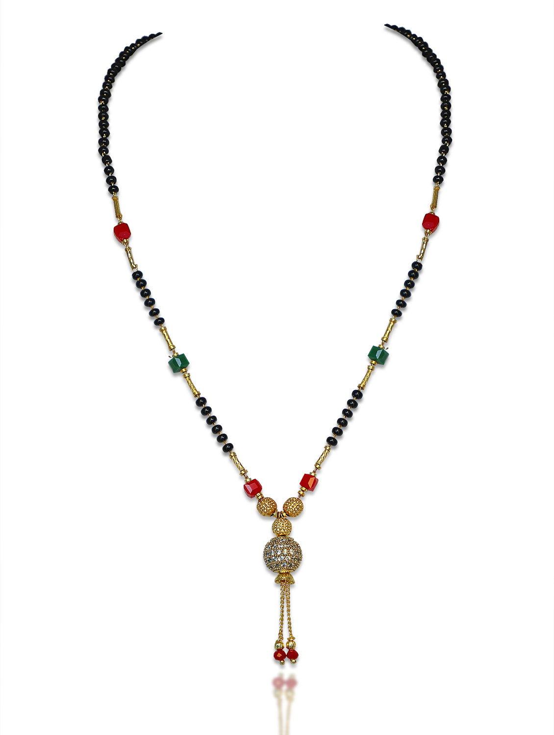 Short Mangalsutra Designs Ball Shape American Diamond Pendant Gold Plated Red Green Beads with Latkan (20 Inches)