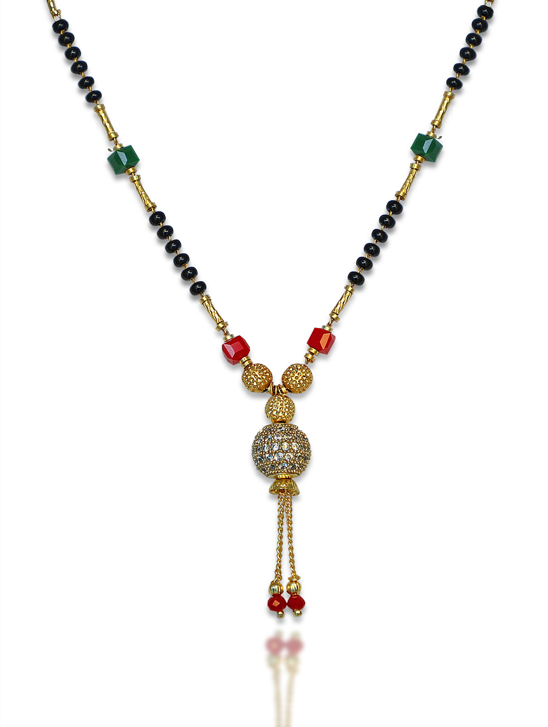 Short Mangalsutra Designs Ball Shape American Diamond Pendant Gold Plated Red Green Beads with Latkan (20 Inches)