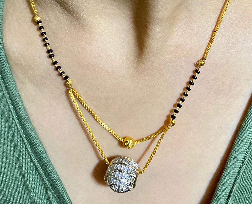Short Mangalsutra Designs Gold Plated Latest American Diamond Round Pendant Mangalsutra & Earrings