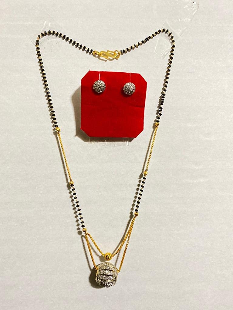 Digital Dress Room Short Mangalsutra Designs Gold Plated Latest American Diamond Round Pendant Mangalsutra & Earrings