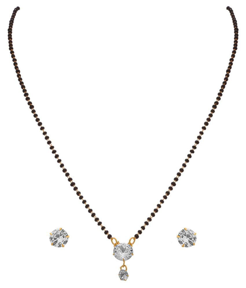 Short Mangalsutra Designs Gold Plated Latest American Diamond Round Pendant Mangalsutra & Earrings