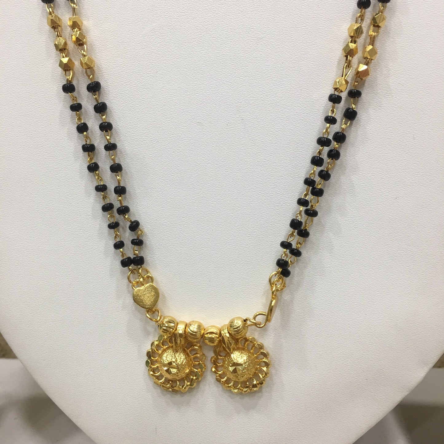 Long Mangalsutra Designs Gold Plated Latest 2 Vati Pendant Black & Gold Beads 2 Layer Mangalsutra