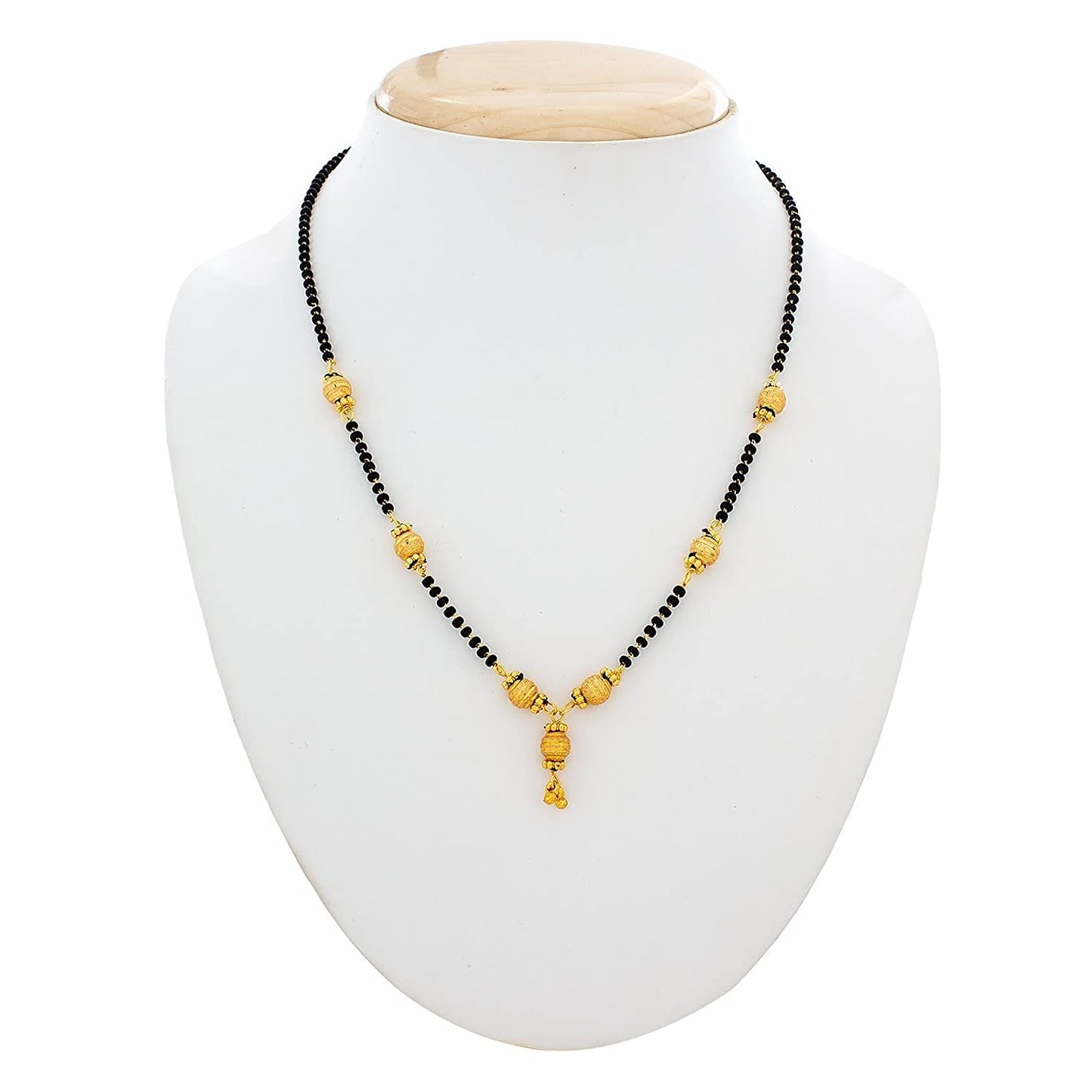 Short Mangalsutra Designs Sphere Pattern Gold Plated Black/Gold Beads Pendant with Latkan (19 Inches)