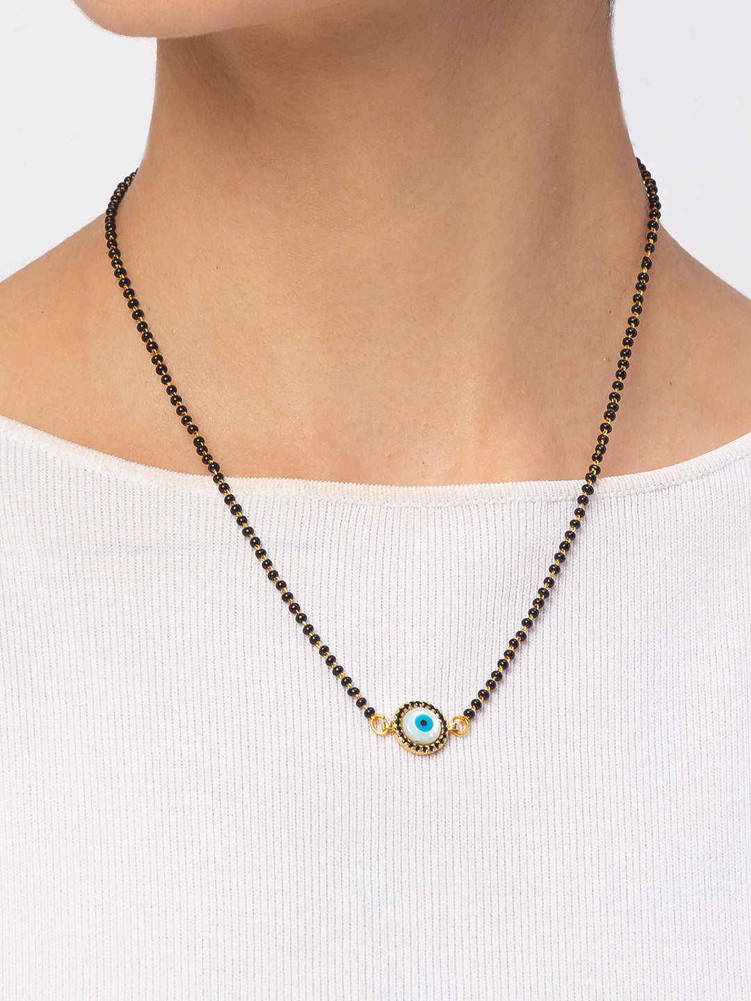 Digital Dress Room Digital Dress Room Evil Eye Gold Plated Short Mangalsutra मंगलसूत्र Latest Design Tanmaniya/Black Beads New Mangalsutra Designs For Women (17 Inches)