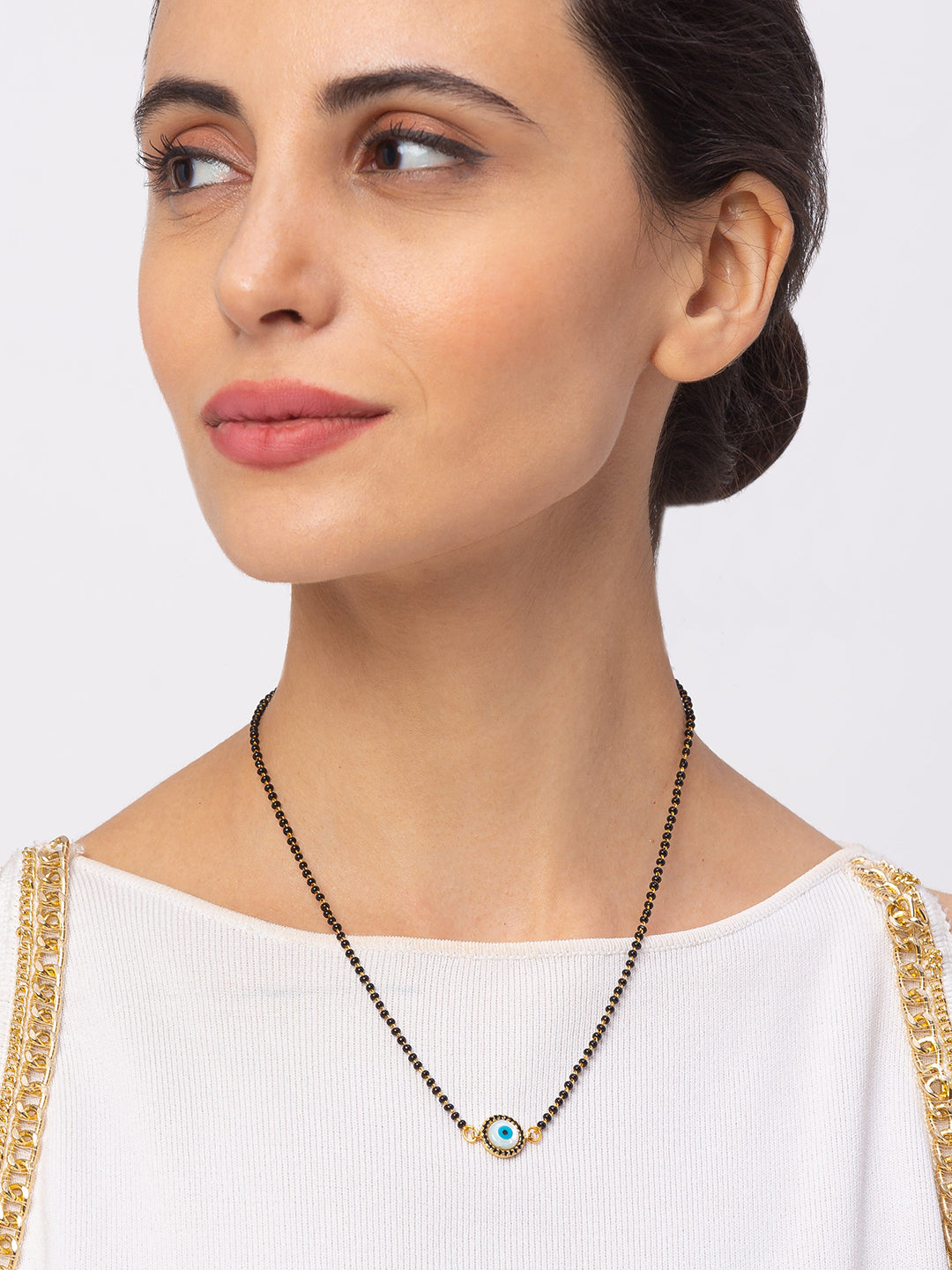 Digital Dress Room Digital Dress Room Evil Eye Gold Plated Short Mangalsutra मंगलसूत्र Latest Design Tanmaniya/Black Beads New Mangalsutra Designs For Women (17 Inches)