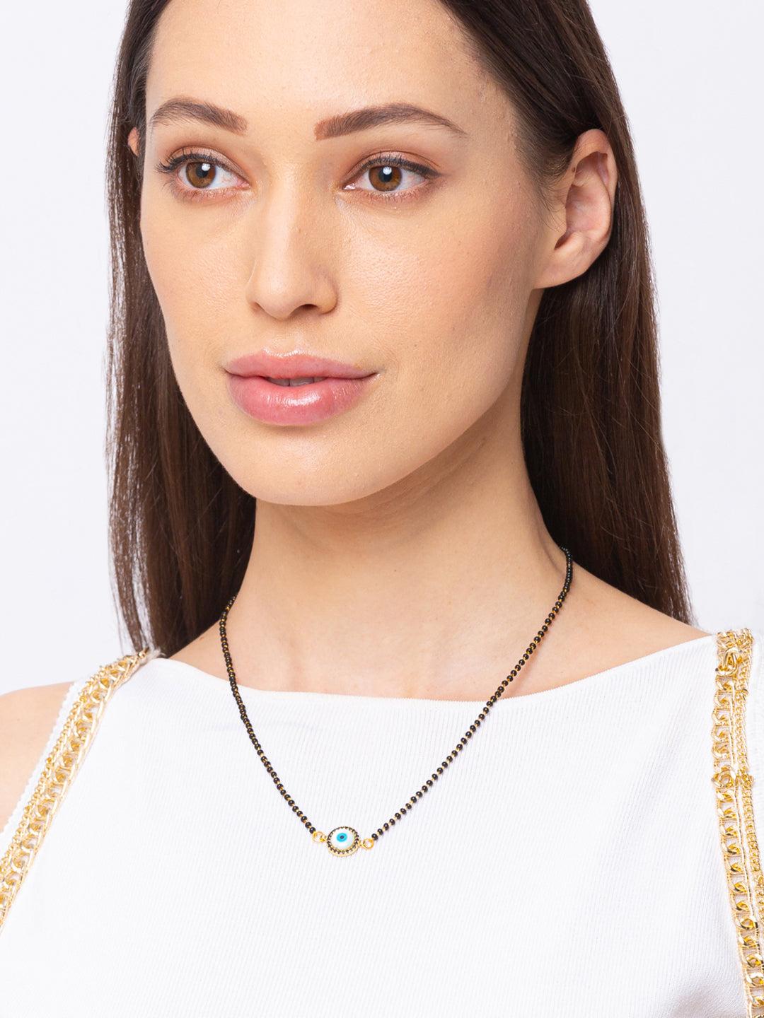 Digital Dress Room Digital Dress Room Evil Eye Gold Plated Short Mangalsutra मंगलसूत्र Latest Design Tanmaniya/Black Beads New Mangalsutra Designs For Women (17 Inches)