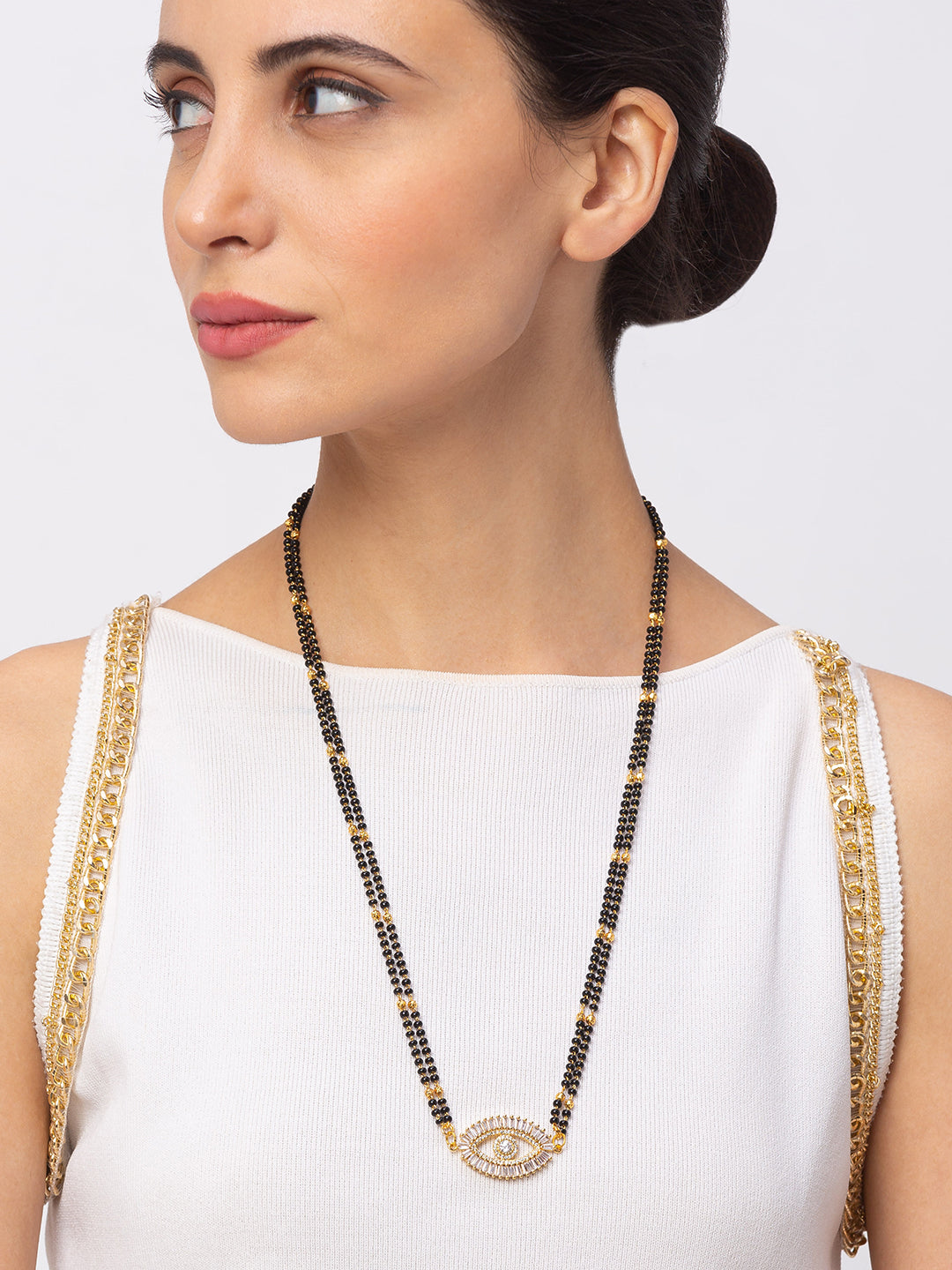 Digital Dress Room Digital Dress Room Diamond Gold Plated Long Mangalsutra मंगलसूत्र Latest Design/Cz Solitaire/Black Beads Chain New Mangalsutra Designs For Women (24 Inches)