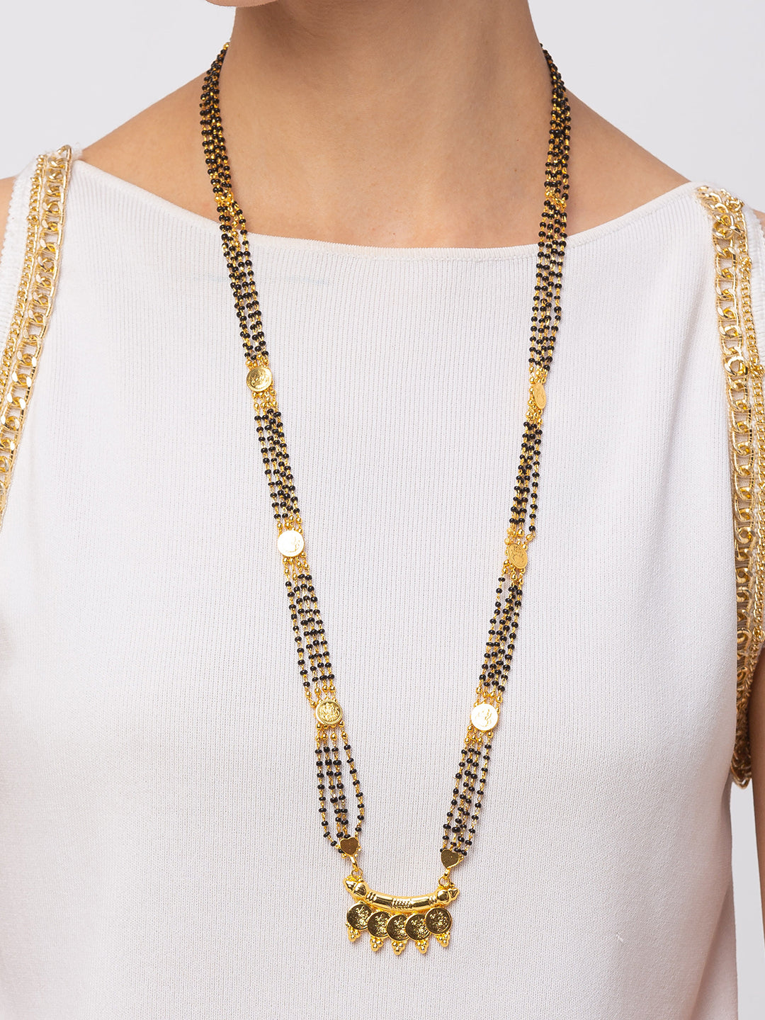 Digital Dress Room Digital Dress Room One Gram Gold Plated Maharashtrian Style Long Mangalsutra God Hindu Latest New Design Tanmaniya/Long Gold Chain/Black Beads Laxmi Coin Pendant Designs For Women (28 Inches)