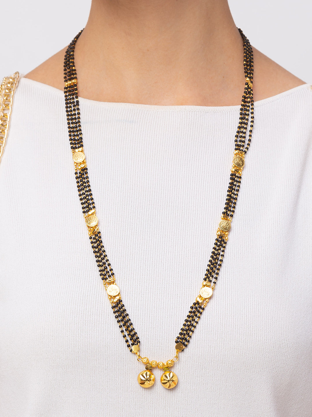Digital Dress Room Digital Dress Room One Gram Gold Plated Laxmi Coin Maharashtrian Style Long Mangalsutra Gold Hindu Latest New Design Tanmaniya/Long Gold Chain/Black Beads Vati Pendant Designs For Women (28 Inches)