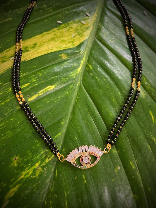 Short Mangalsutra Evil Eye Design Gold Plated Multicoloured American Diamond Diamond With Black Beads (18 Inches)