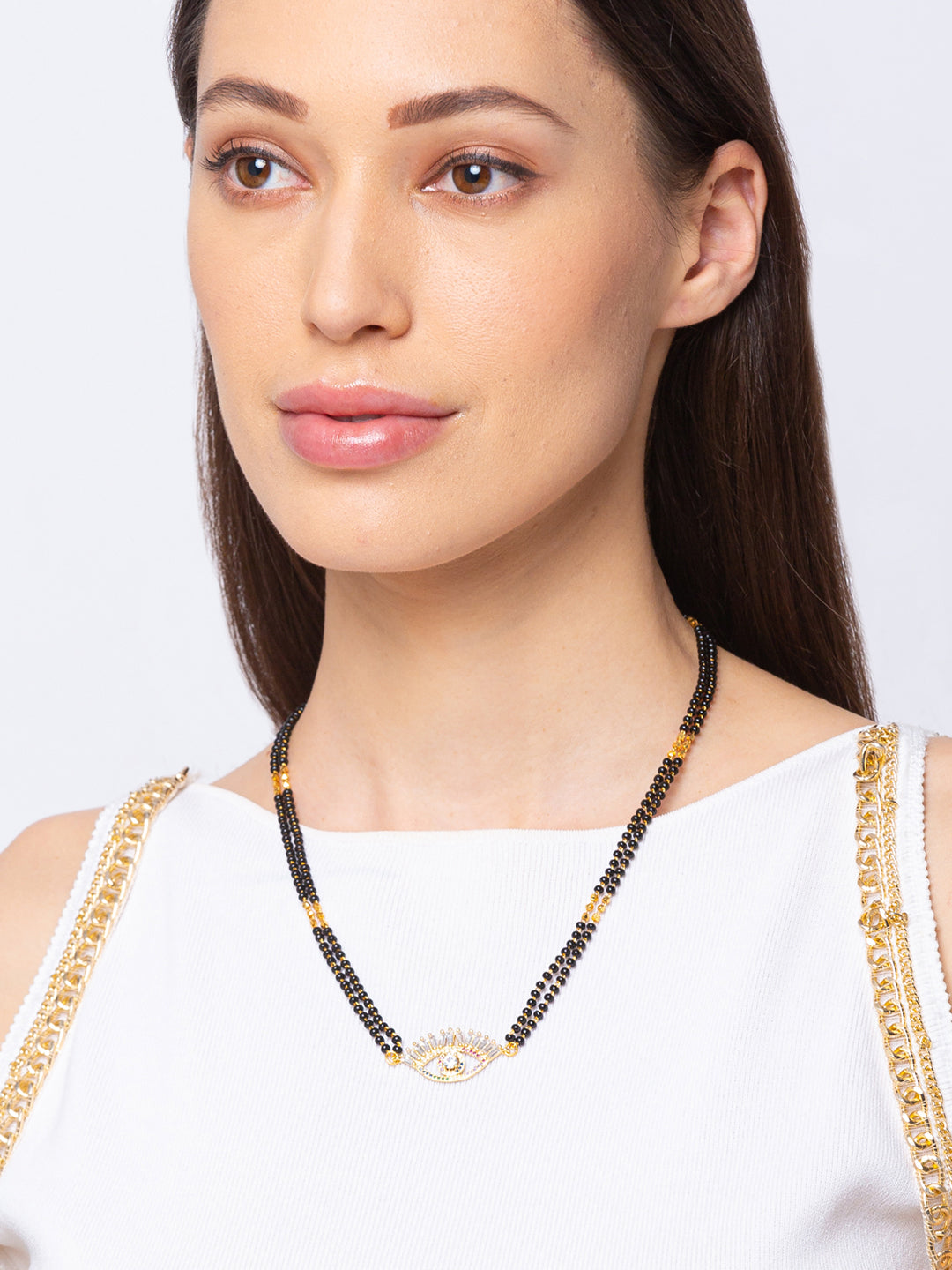 Digital Dress Room Digital Dress Room Diamond Gold Plated Short Mangalsutra मंगलसूत्र Latest Design/Cz Solitaire/Black Beads Chain New Mangalsutra Designs For Women (18 Inches)