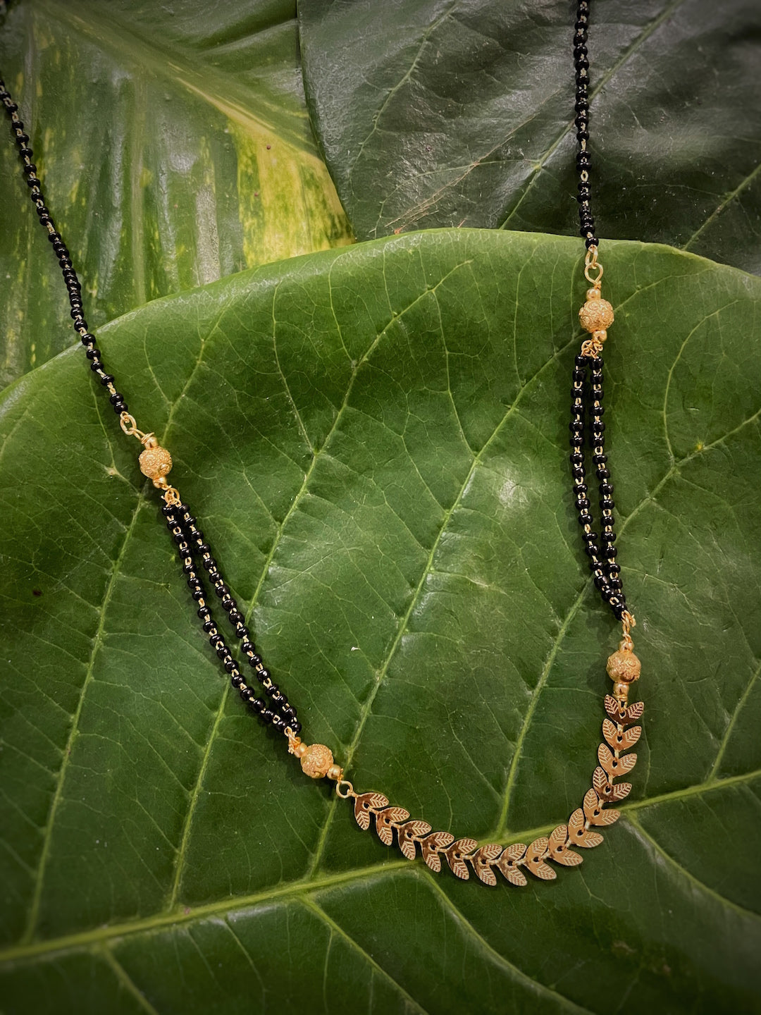 Short Mangalsutra Designs Gold Plated Leaf Chain Design with Double Layered Strands (20 Inches)