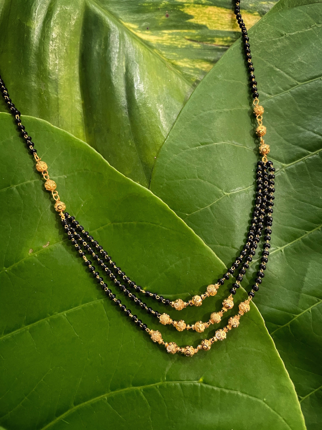 Short Mangalsutra Designs Gold Plated Three Layered Strands with Golden Beads (22 Inches)