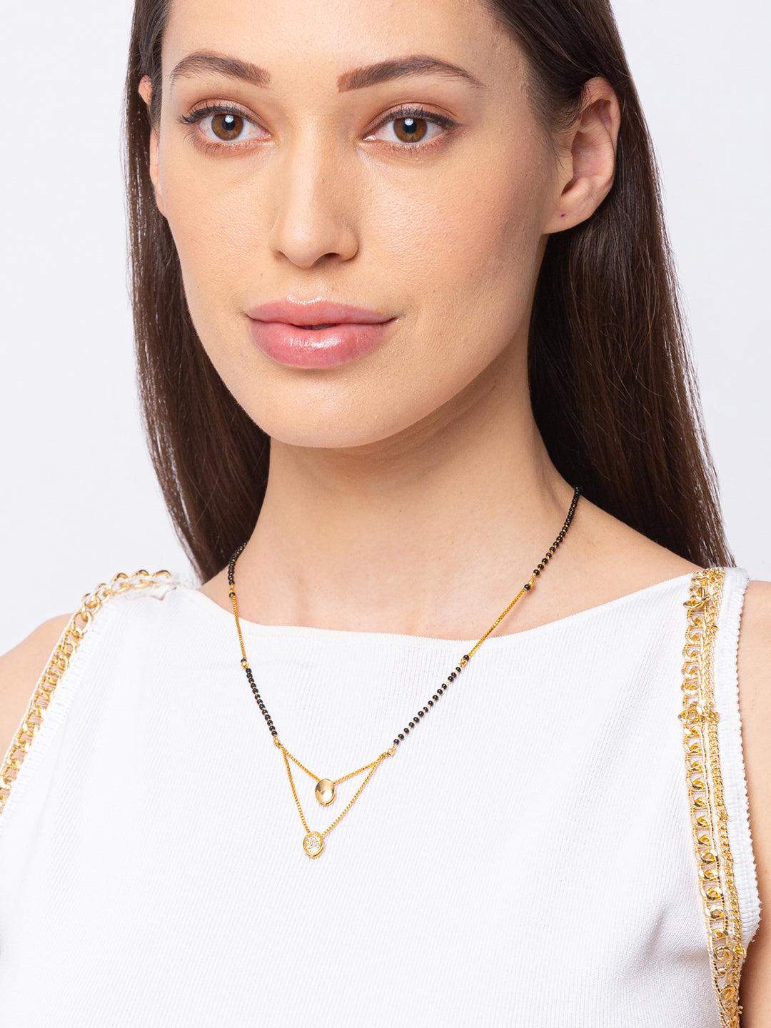 Digital Dress Room Digital Dress Room Diamond Gold Plated Short Mangalsutra मंगलसूत्र Latest Design/Cz Solitaire/Black Beads Chain Heart Love Shape Pendant New Mangalsutra Designs For Women (20 Inches)