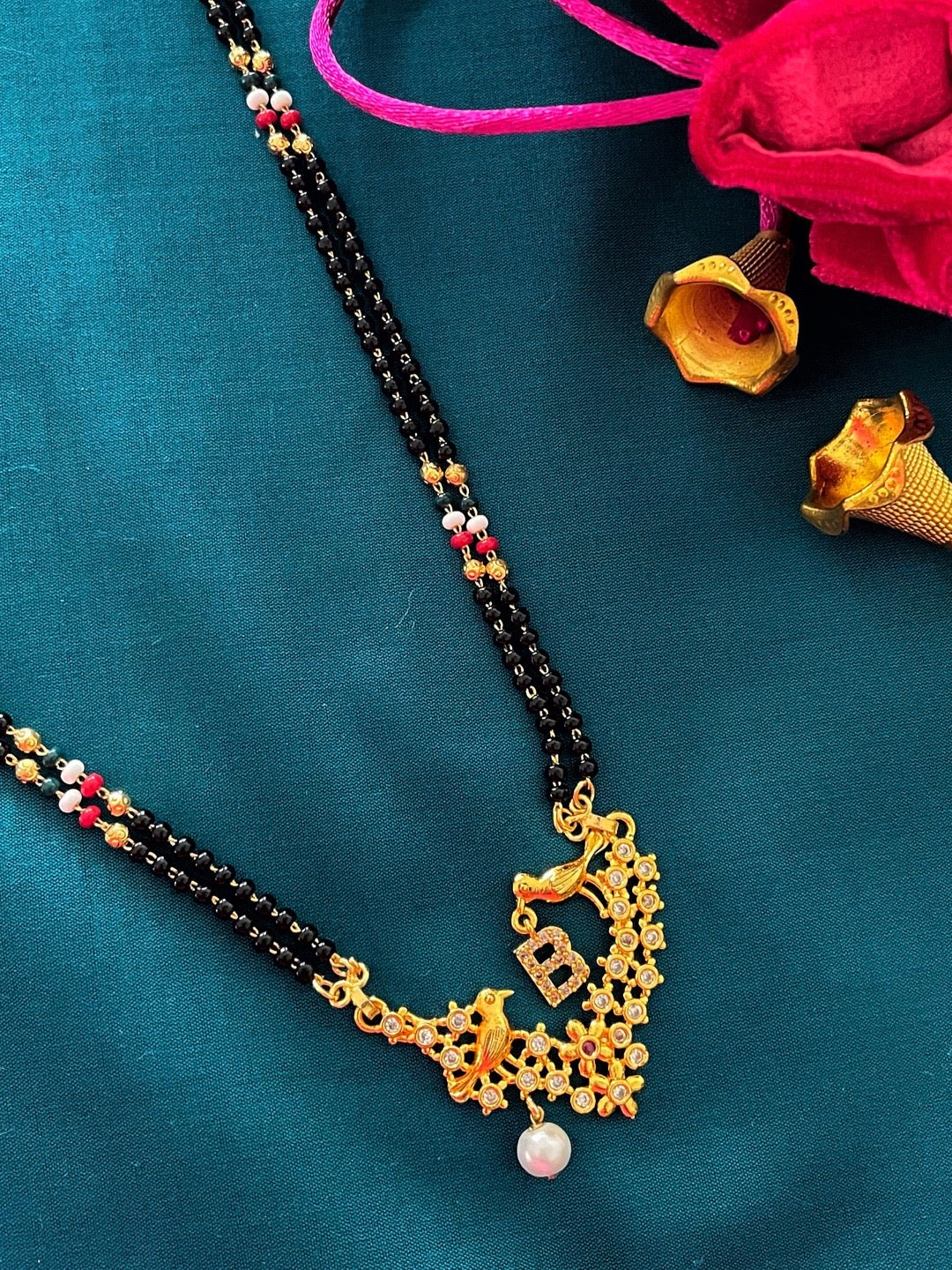 Letter A-Z Long Letter Mangalsutra Design Gold Plated Alphabet Love Birds with Pearl