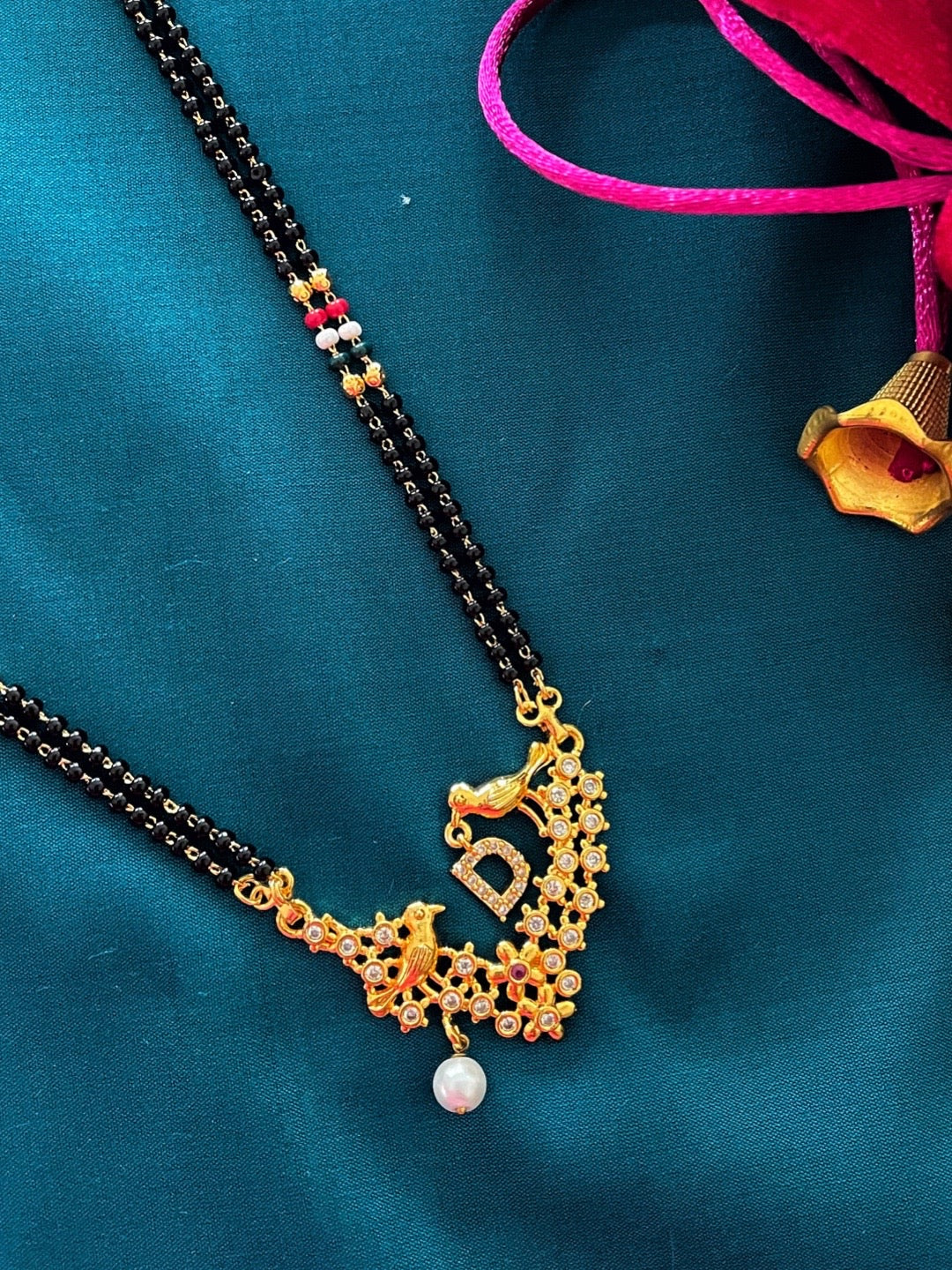Letter A-Z Long Letter Mangalsutra Design Gold Plated Alphabet Love Birds with Pearl