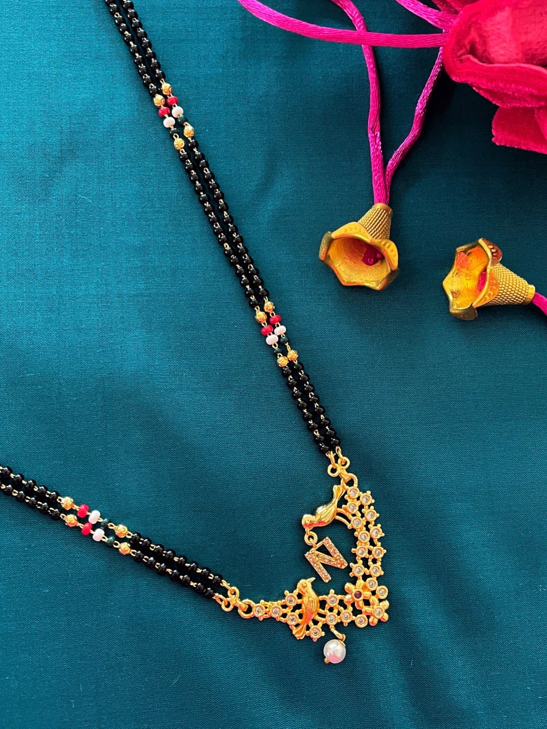 Letter A-Z Long Letter Mangalsutra Design Gold Plated Alphabet Love Birds with Pearl