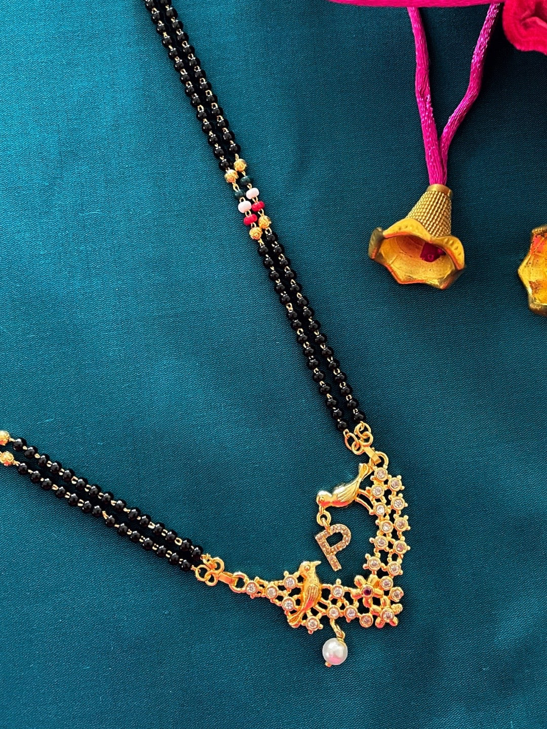 Letter A-Z Long Letter Mangalsutra Design Gold Plated Alphabet Love Birds with Pearl